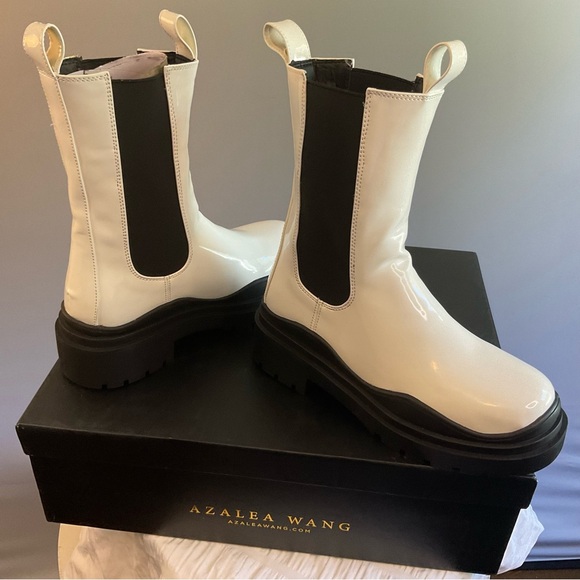 Azalea Wang Akira Ghosted White Black Chelsea Boot, Faux Patent Leather, NIB, 7 - Picture 15 of 16